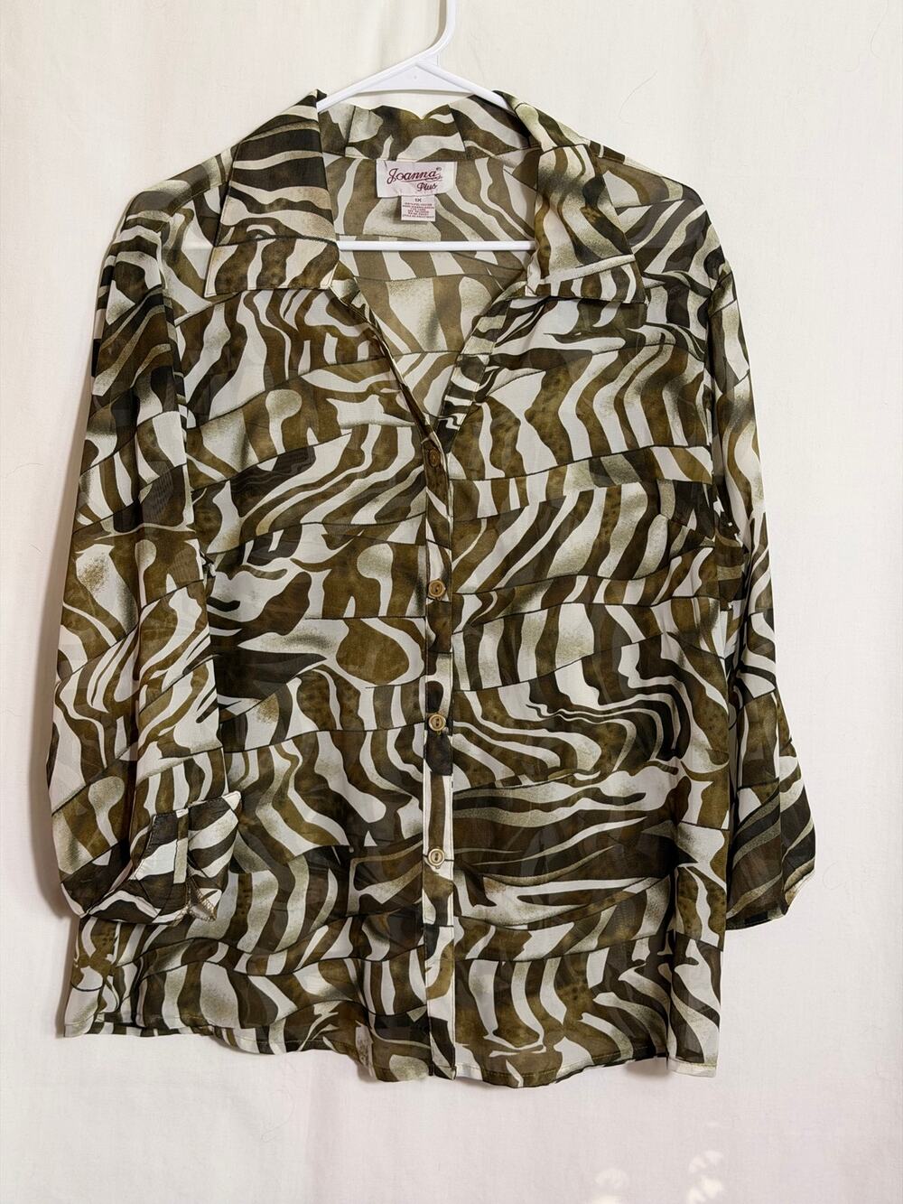 Vintage Joanna Plus Sheer Zebra Print Blouse 1X Olive Brown Button Front Y2K Top
